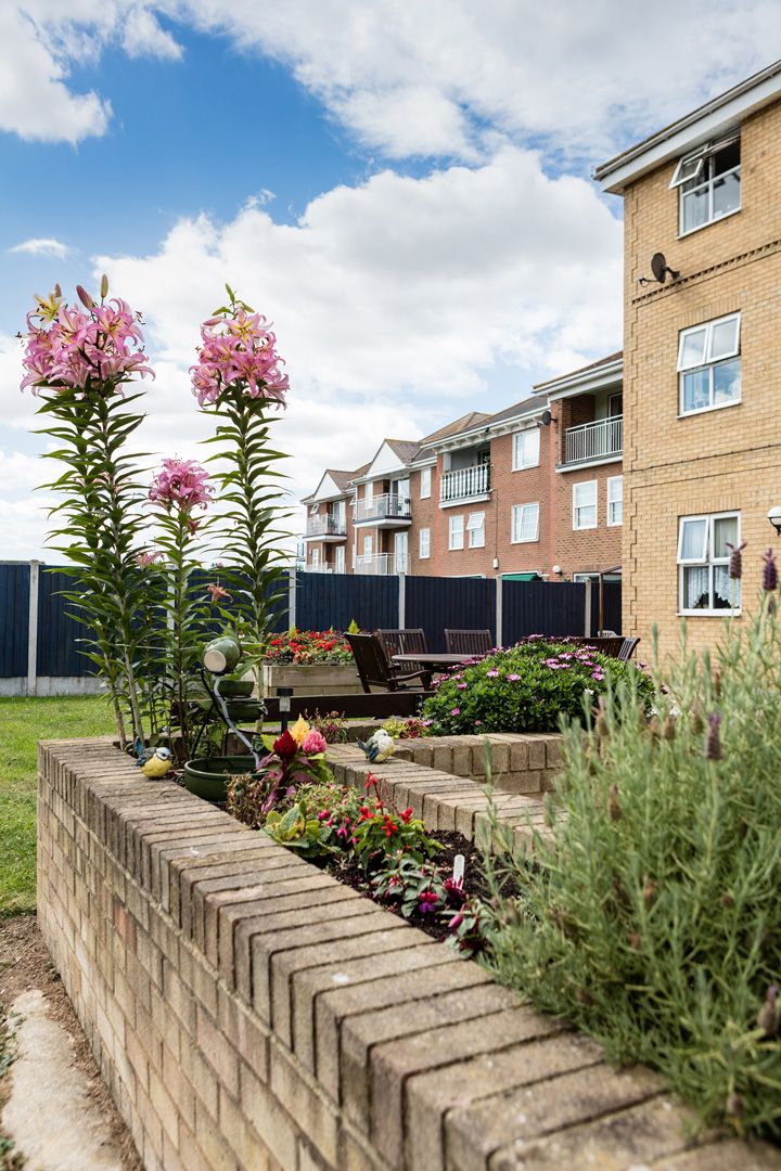 Silverpoint Court Residential Care Home back garden wall and flowerbeds