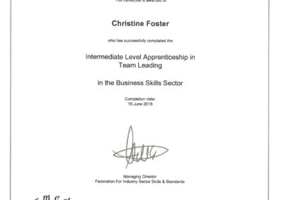 A copy of Christine's Intermediate Level Apprenticeship in Team Leading Certificate