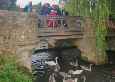 Lukestone Care Home residents and staff on a bridge at Hever Castle looking at swans in the river
