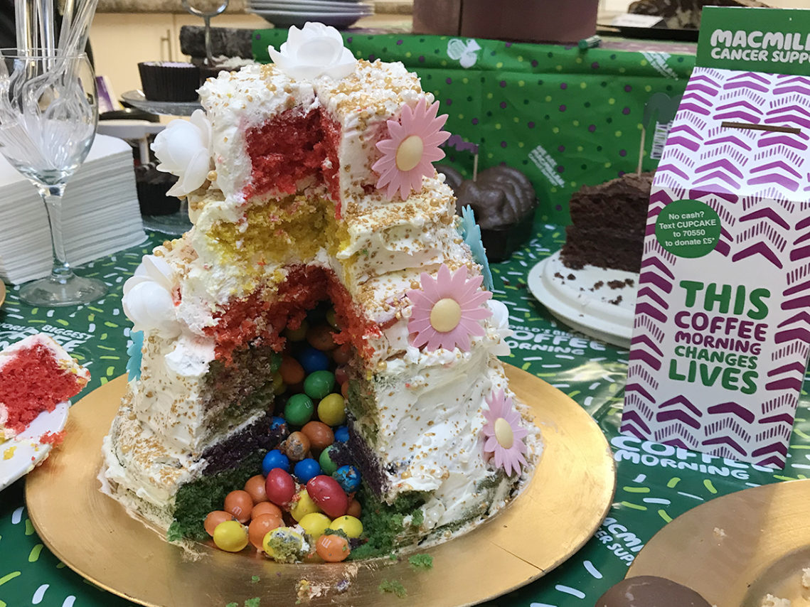 Delicious rainbow cake made at Lulworth House to support the Macmillan charity