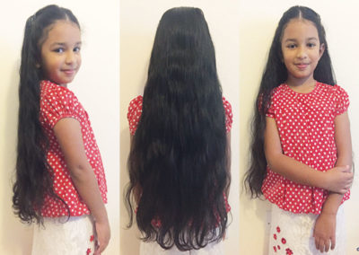 Different poses by a little girl to show off her long hair from the front, side and back