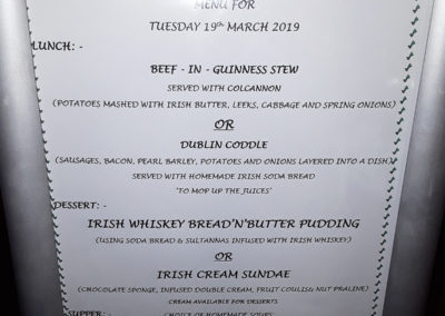 St Patrick's Day menu at Meyer House Care Home
