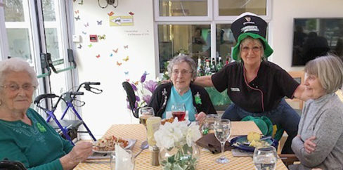 Residents Caroline, Sylvia and Leah, with Lynda on St Patrick's Day at Silverpoint Court