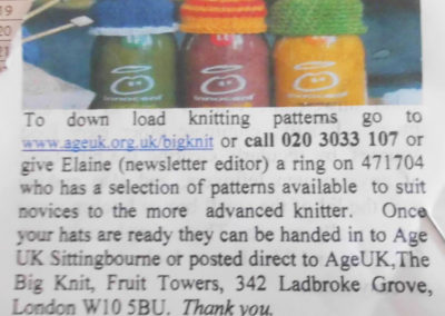 Details about AgeUK's Big Knit initiative, in association with Innocent smoothies, with picture of the bottles with knitted hats on