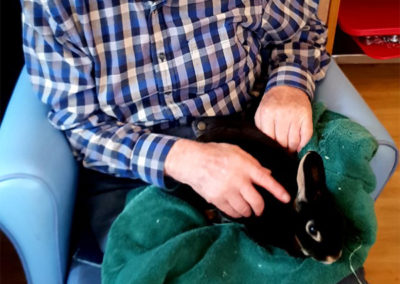 Gentleman resident at Lukestone sitting with a black rabbit on his lap brought in by Wild Science