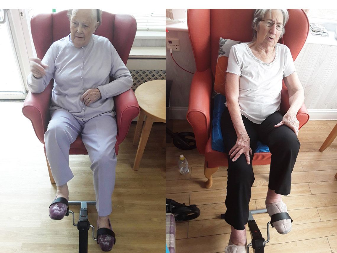 Residents at Woodstock Residential Care Home using floor peddle bicycles