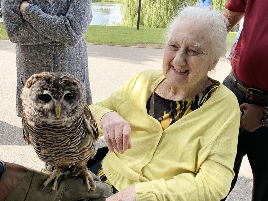 Lady resident with an owl at Leeds Castle