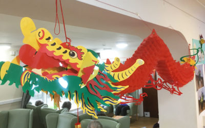 A Chinese Dragon paper decoration hanging from the ceiling