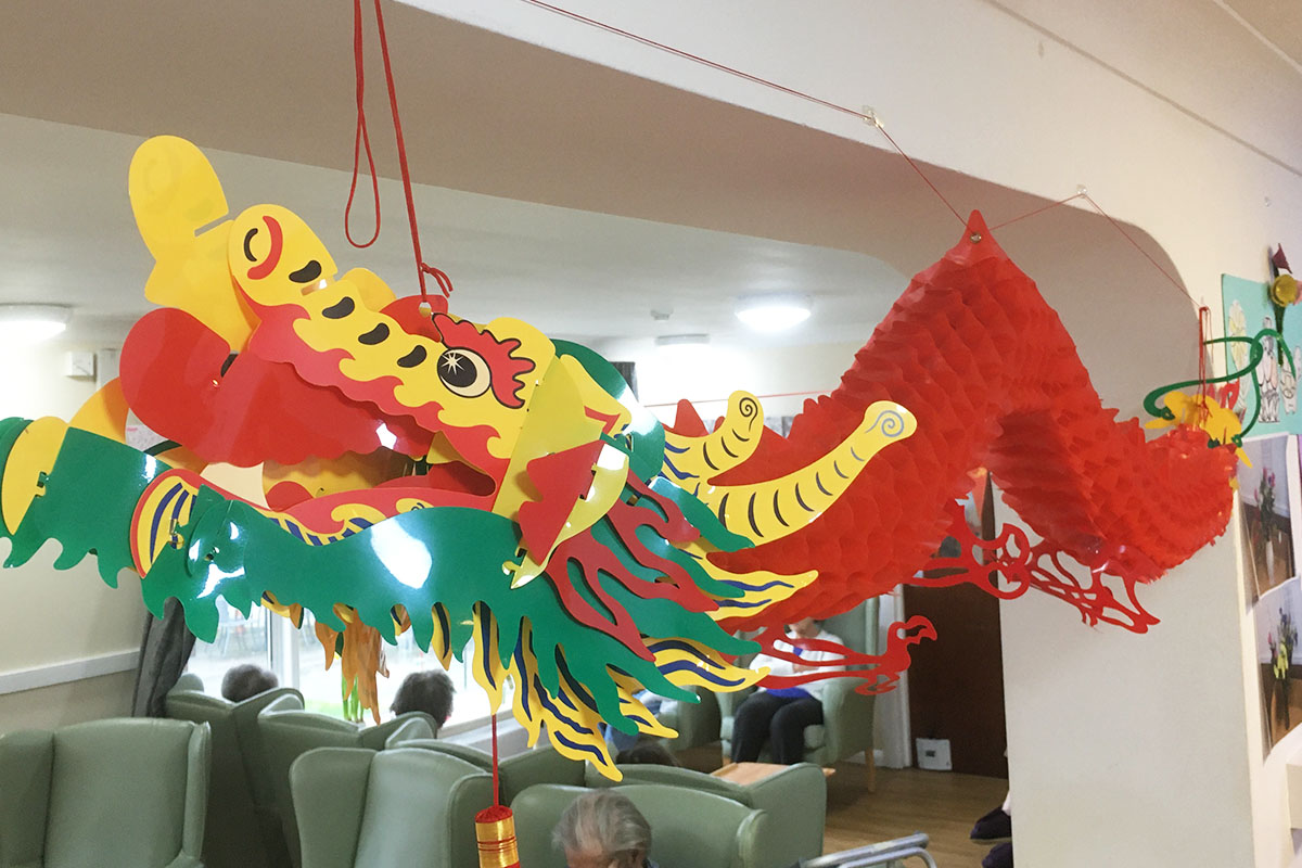 A Chinese Dragon paper decoration hanging from the ceiling